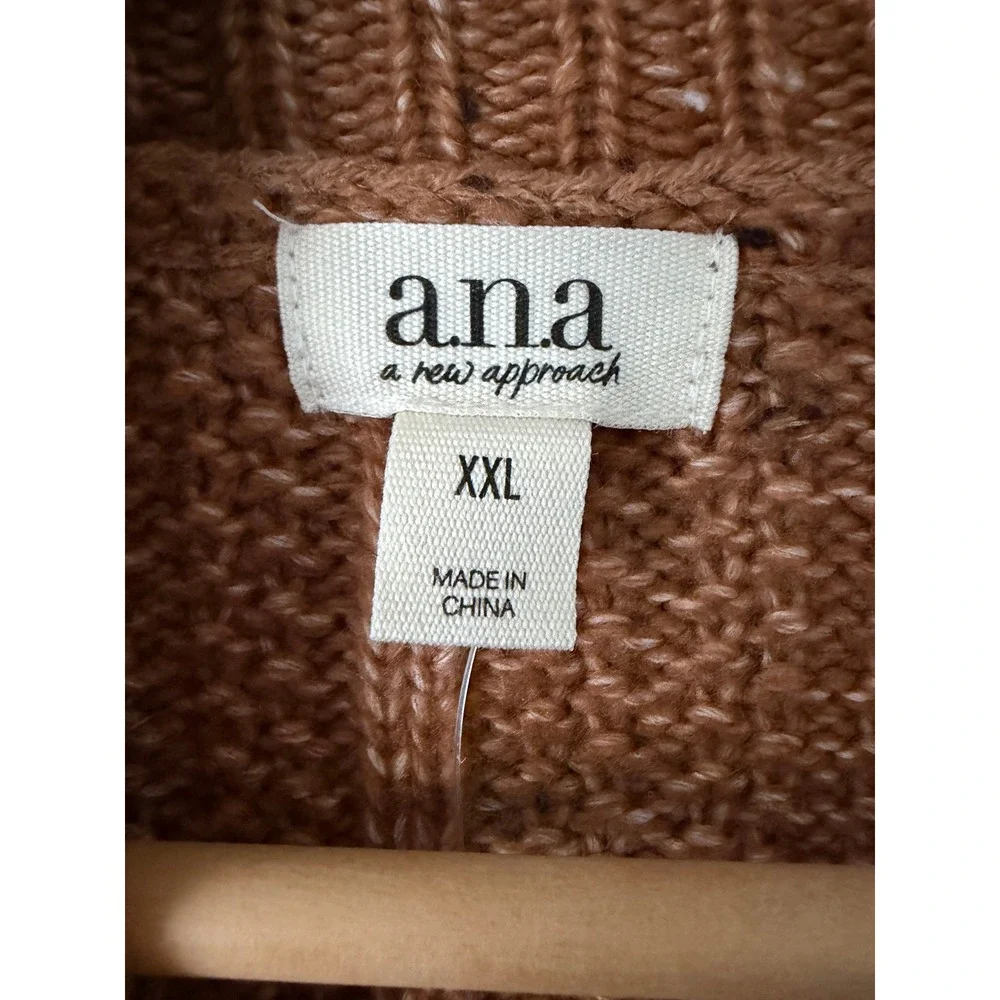 NWT ana Womens Cable Knit Funnel Neck Sweater XXL Brown Pullover Cozy Chunky